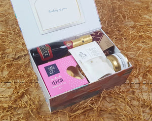 Simply Because Open Giftbox with food and wine inside