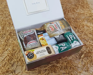 Open Giftbox with Food, Beer and Wine inside