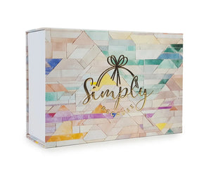 Gift box with pastel block pattern over it
