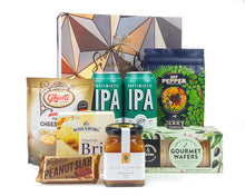 Load image into Gallery viewer, Giftbox with gourmet goodies and beer in front
