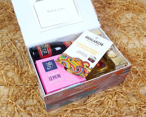 Simply Because giftbox open with chocolate and wine