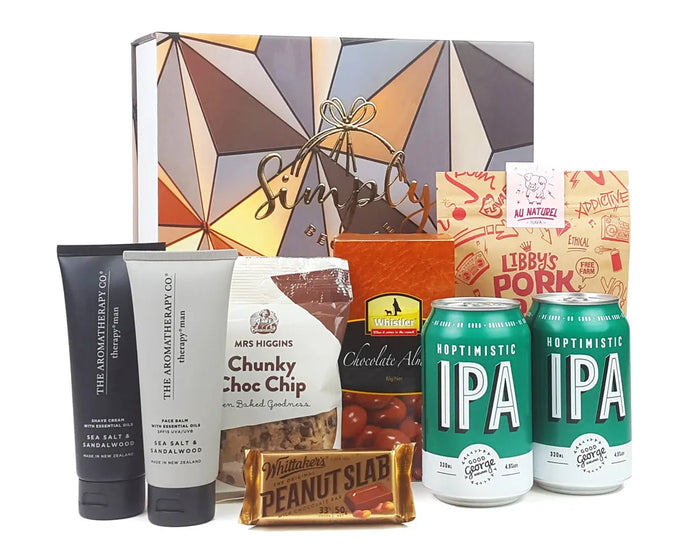 Giftbox with beer, grooming products and snacks
