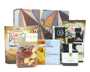 Giftbox with an assortment of food in front